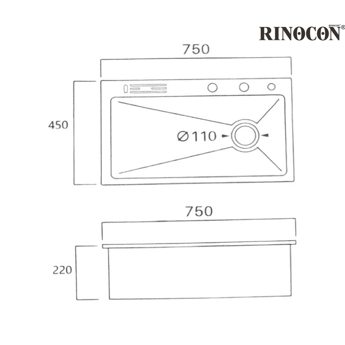 RINOCON RPT-A7BN 760mm Stainless Steel Single Bowl Smart Kitchen Sink | Nano Black