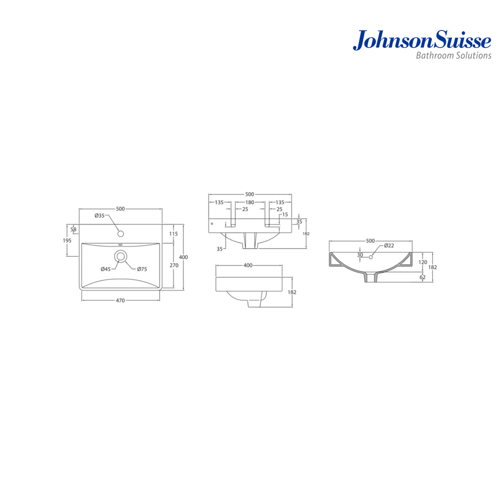 Johnson Suisse Treviso N-500 500mm Wall Hung Basin | White