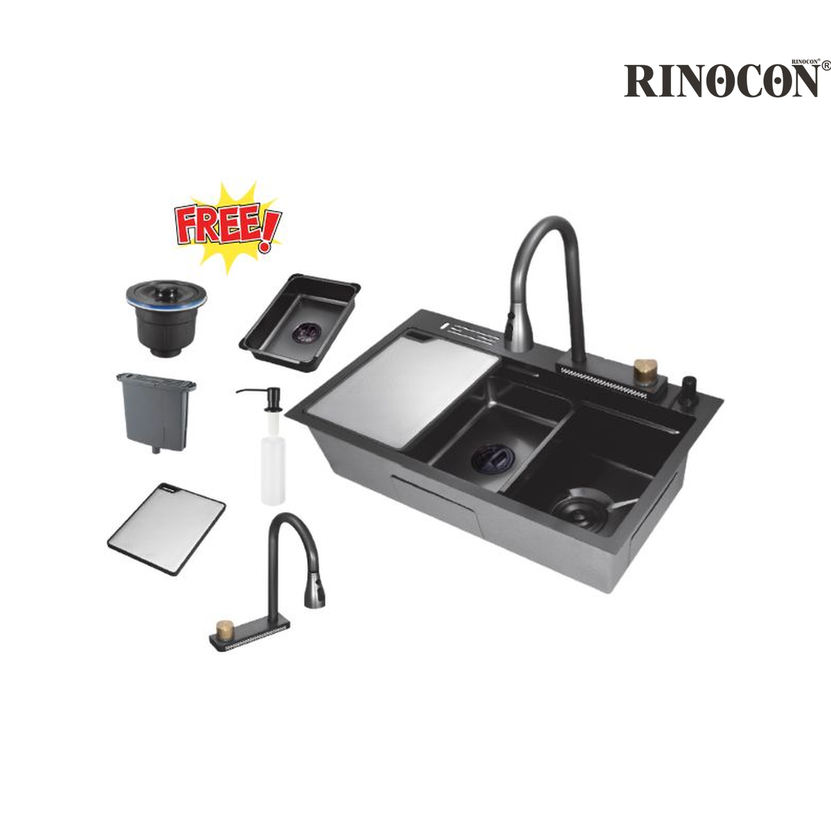 RINOCON RPT-A7BN 760mm Stainless Steel Single Bowl Smart Kitchen Sink | Nano Black