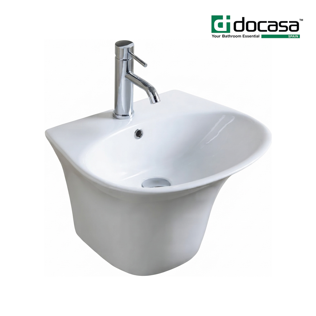 Docasa 5600C 480mm Ceramic Wall Hung Basin | White Modern Wash Sink for Bathroom & Toilet
