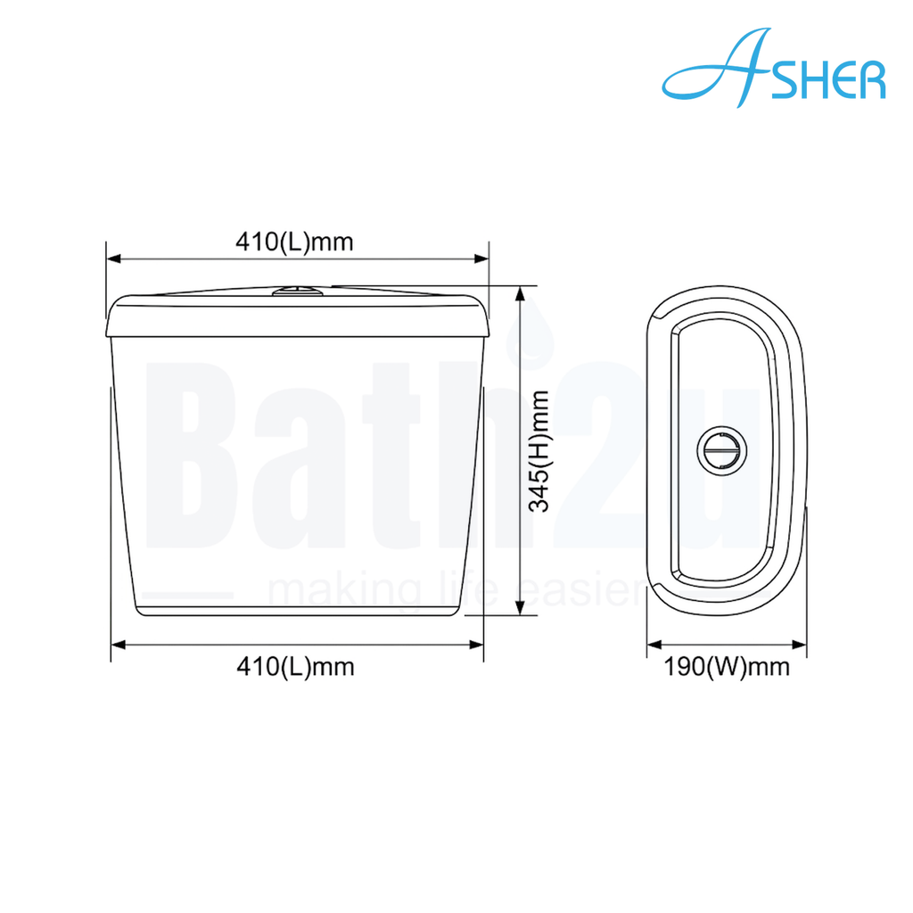 Asher T61P 420mm Ceramic Cistern Set for 2-Piece Close Couple Toilet Bowl with Single Flush Button