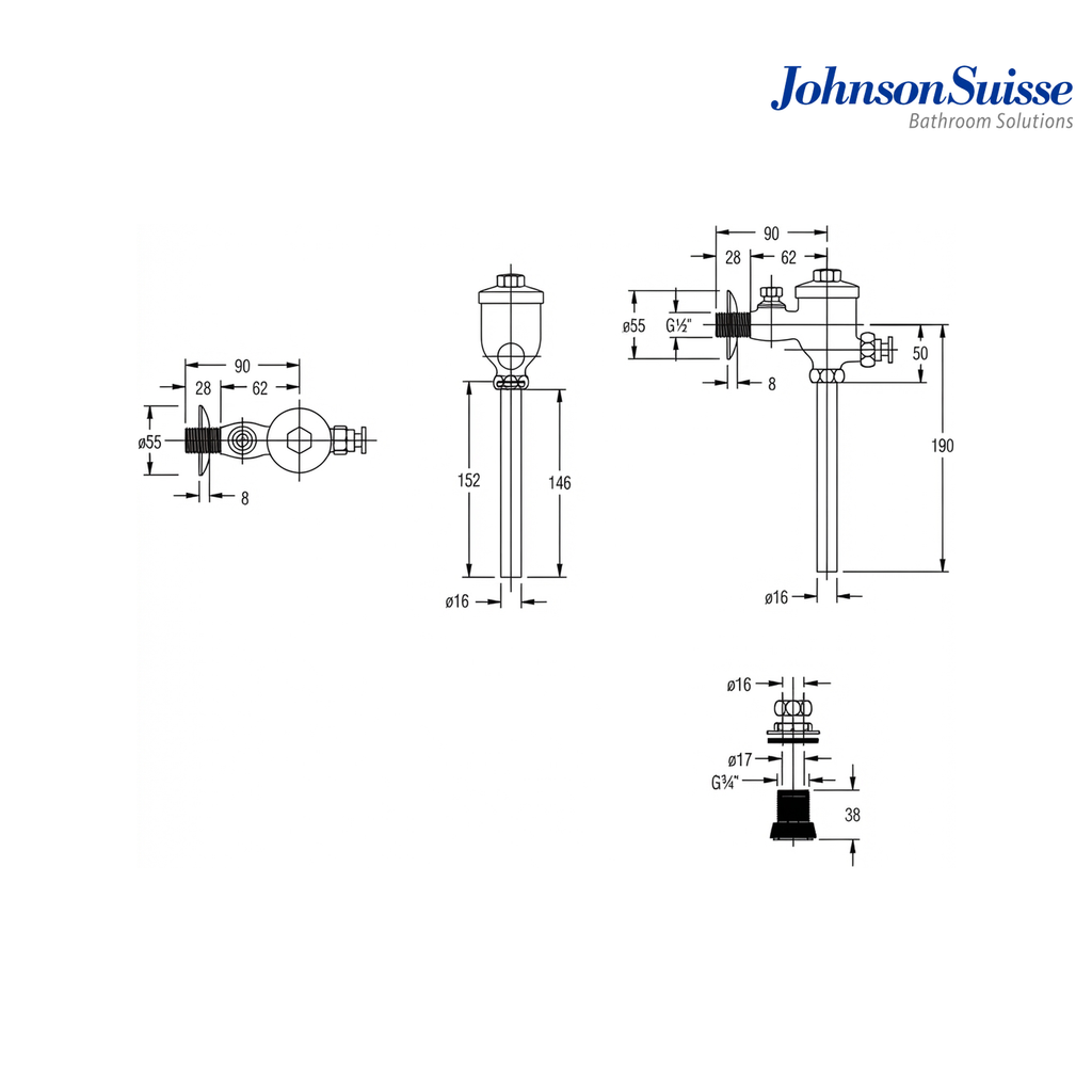Johnson Suisse WBFT400454CP Exposed Urinal Manual Flush Valve with Straight Pipe | Silver