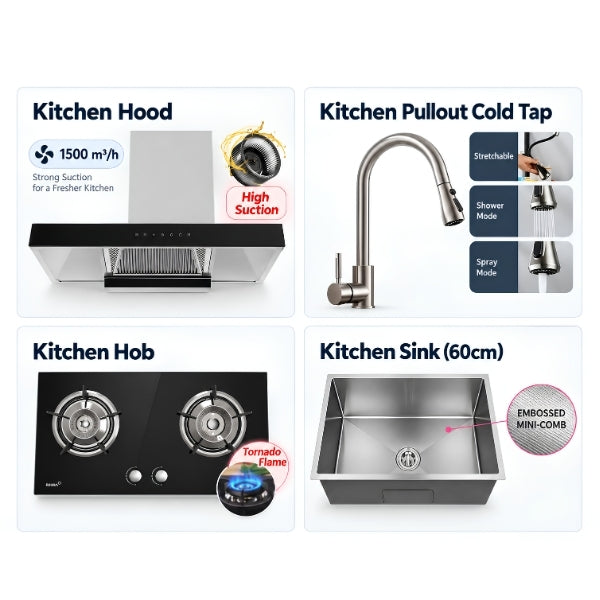 [Malaysia Day Special Kitchen Package] Range Hood + Glass Built-In Hob + Stainless Steel Embossed Honeycomb Kitchen Sink + Stainless Steel Pull-Out Tap