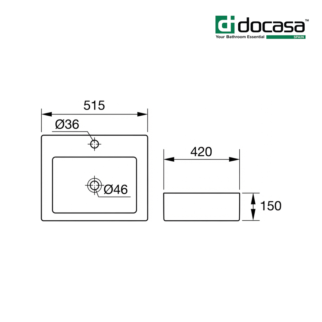Docasa 283 515mm Ceramic Counter Top Basin | White Modern Wash Sink for Bathroom & Toilet