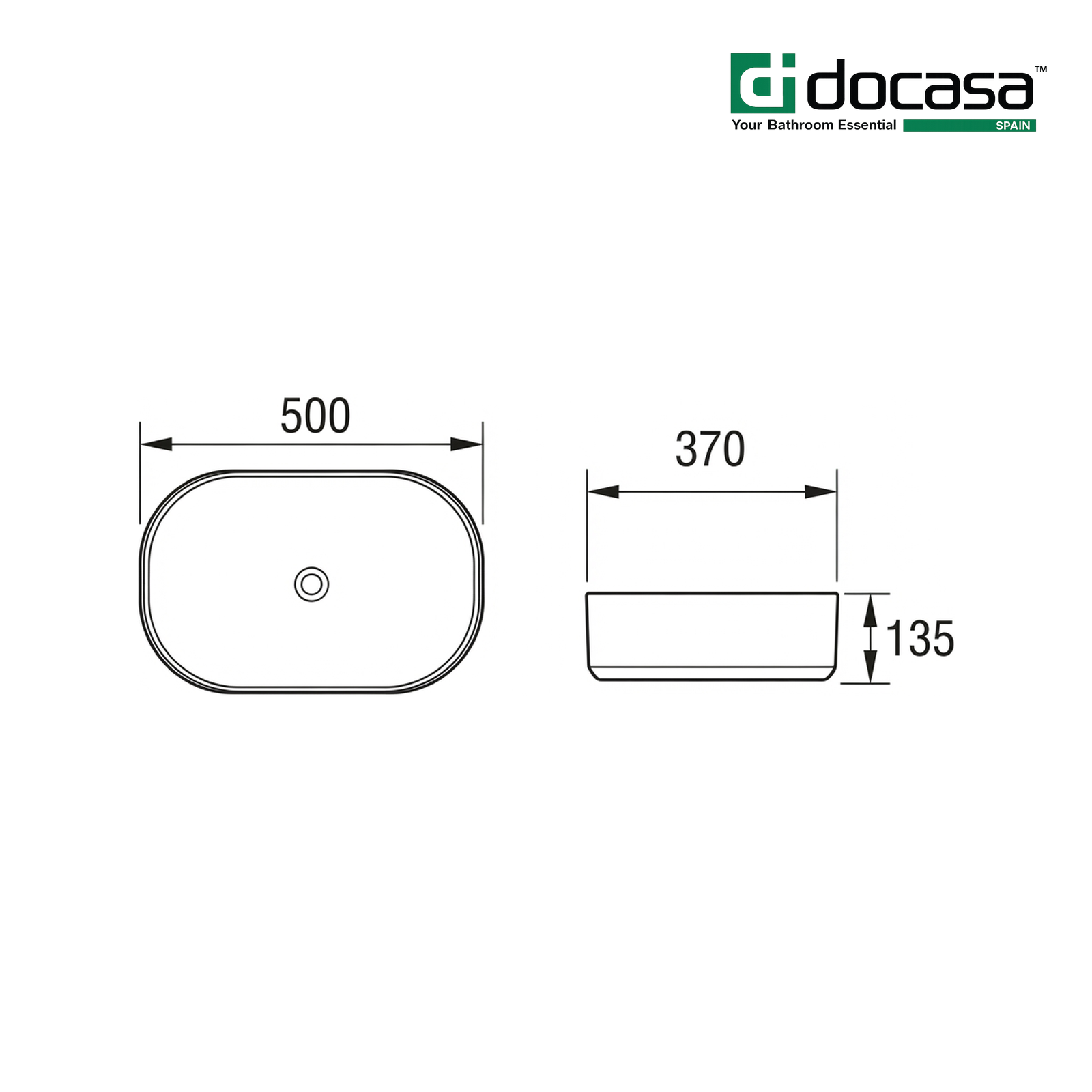 Docasa K550 500mm Ceramic Counter Top Basin | White Modern Wash Sink for Bathroom & Toilet