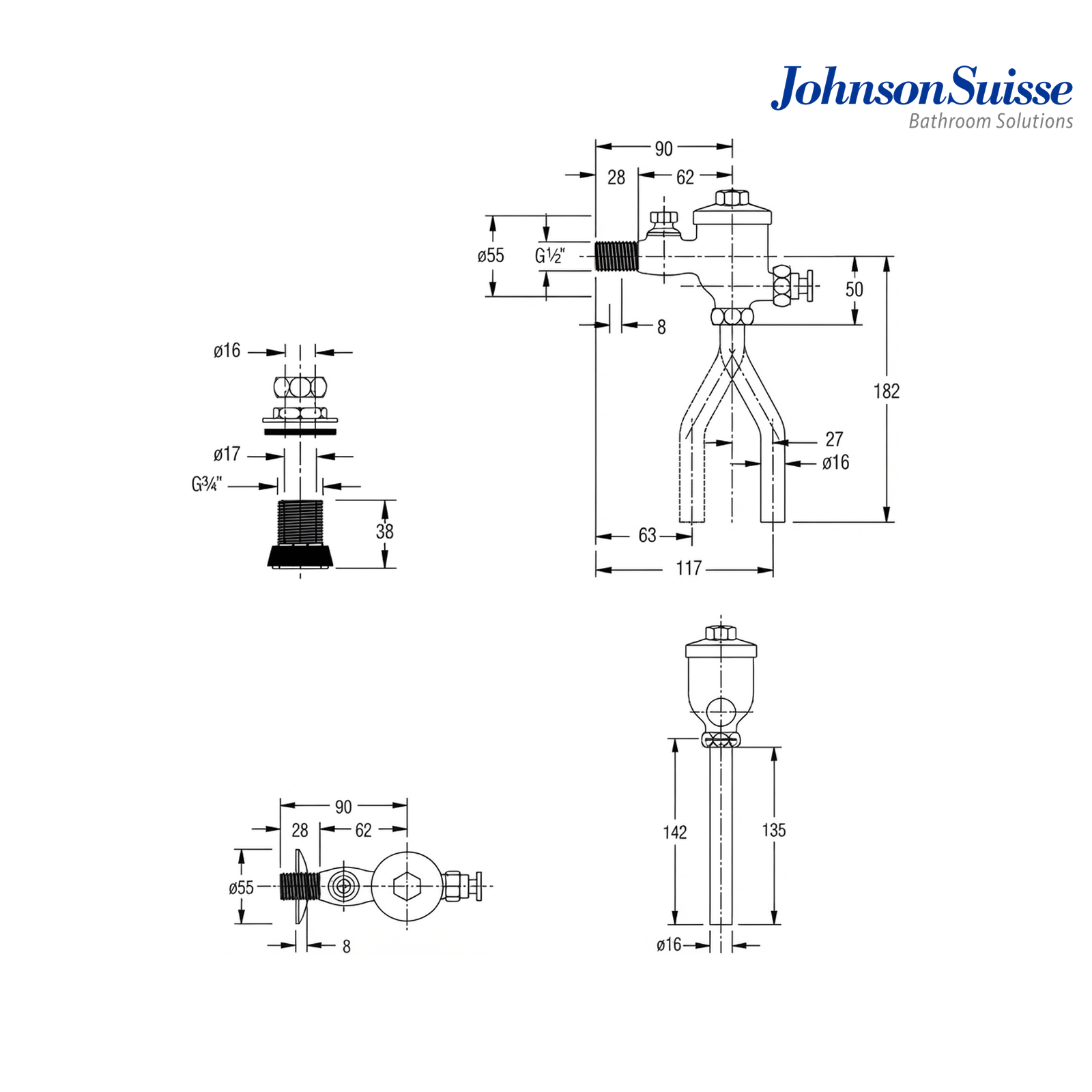 Johnson Suisse WBFT400455C Exposed Urinal Manual Flush Valve | Chrome