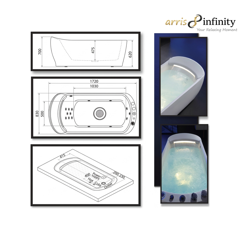 ARRIS INFINITY Oviedo 1720mm Rectangular Massage Bathtub Luxury Jacuzzi | White