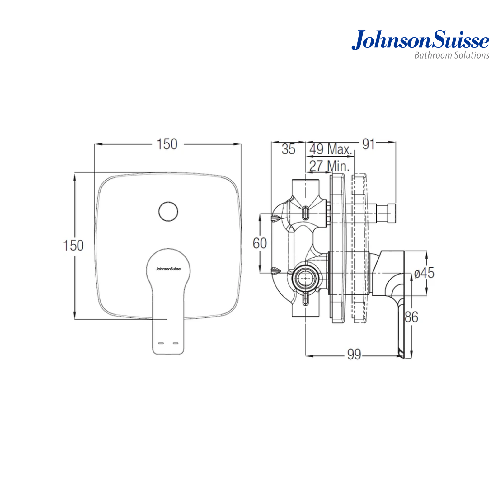 Johnson Suisse Trento WBFA301319CP 150 x 150 MM Concealed Bath Shower Mixer With Diverter | Chrome