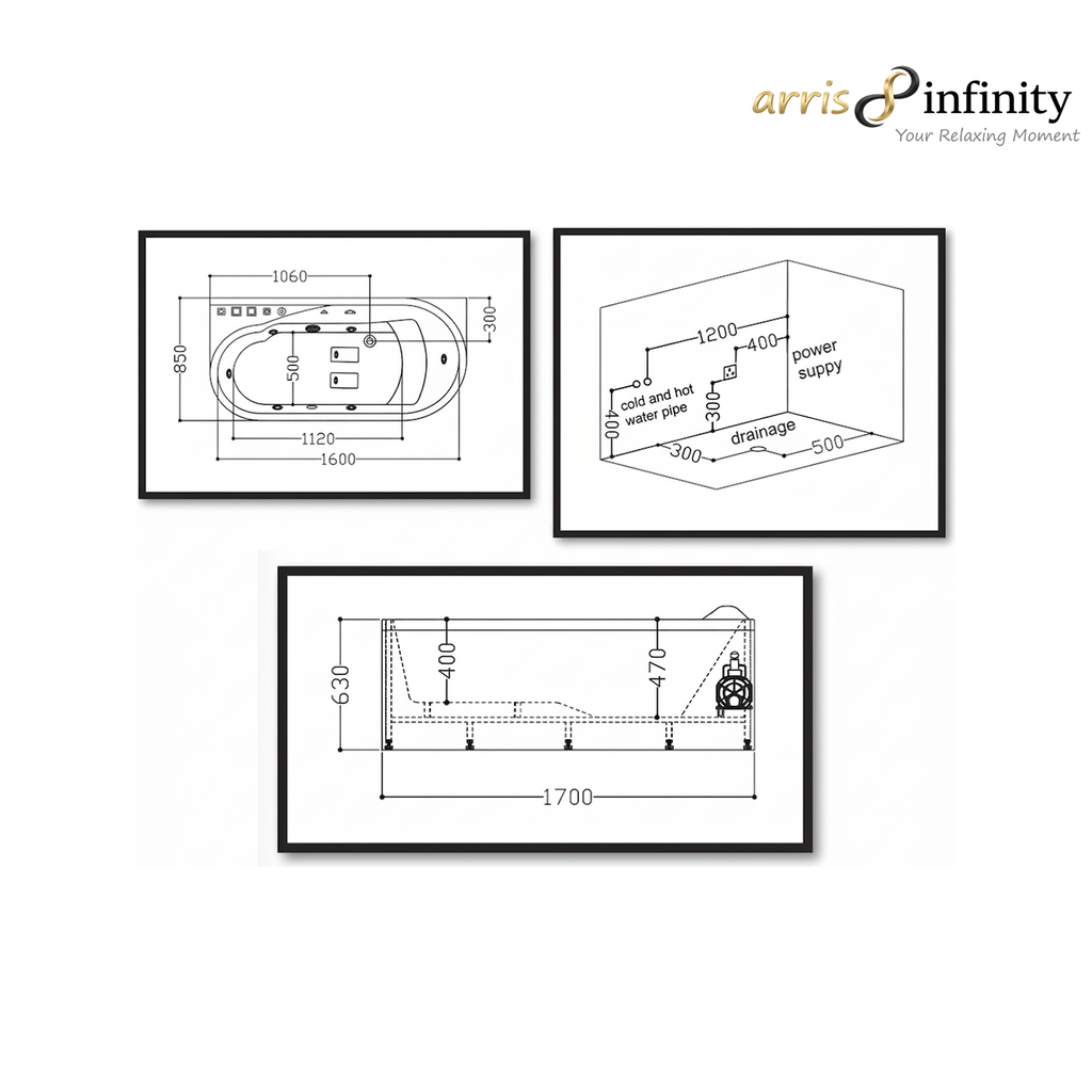 ARRIS INFINITY Taverna 1700mm Rectangular Massage Bathtub Luxury Jacuzzi | White