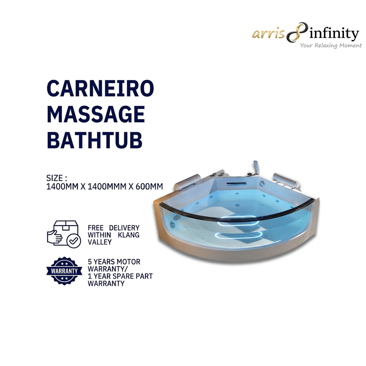 ARRIS INFINITY Carneiro 1400mm Triangular Massage Bathtub Luxury Jacuzzi | White