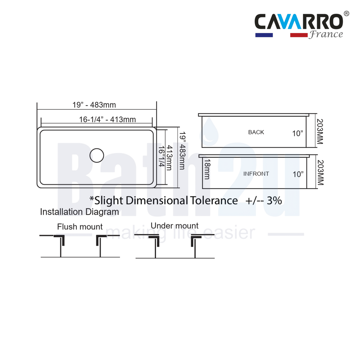 Cavarro CL191908 483mm x 483mm Undermount and Topmount Fireclay Farmhouse Sink | White Ceramic Finish