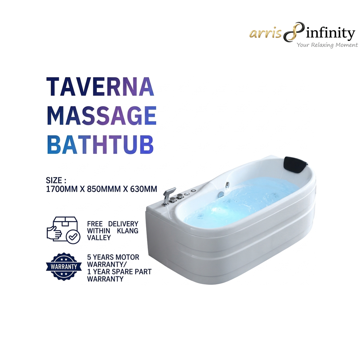 ARRIS INFINITY Taverna 1700mm Rectangular Massage Bathtub Luxury Jacuzzi | White