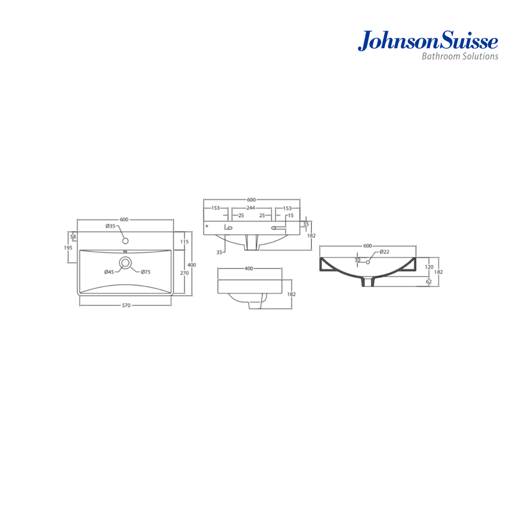Johnson Suisse Treviso-N 600 Rectangular Semi-Insert Basin | White