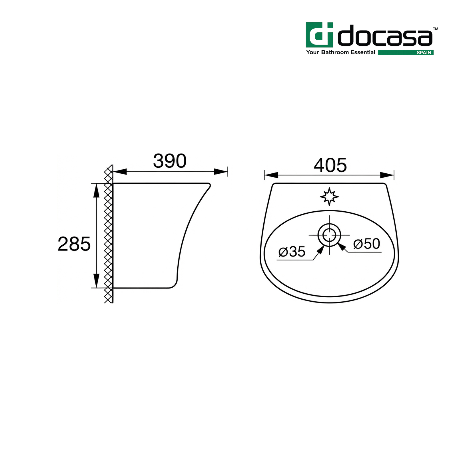 Docasa 5300B 580mm Ceramic Wall Hung Basin | White Modern Wash Sink for Bathroom & Toilet