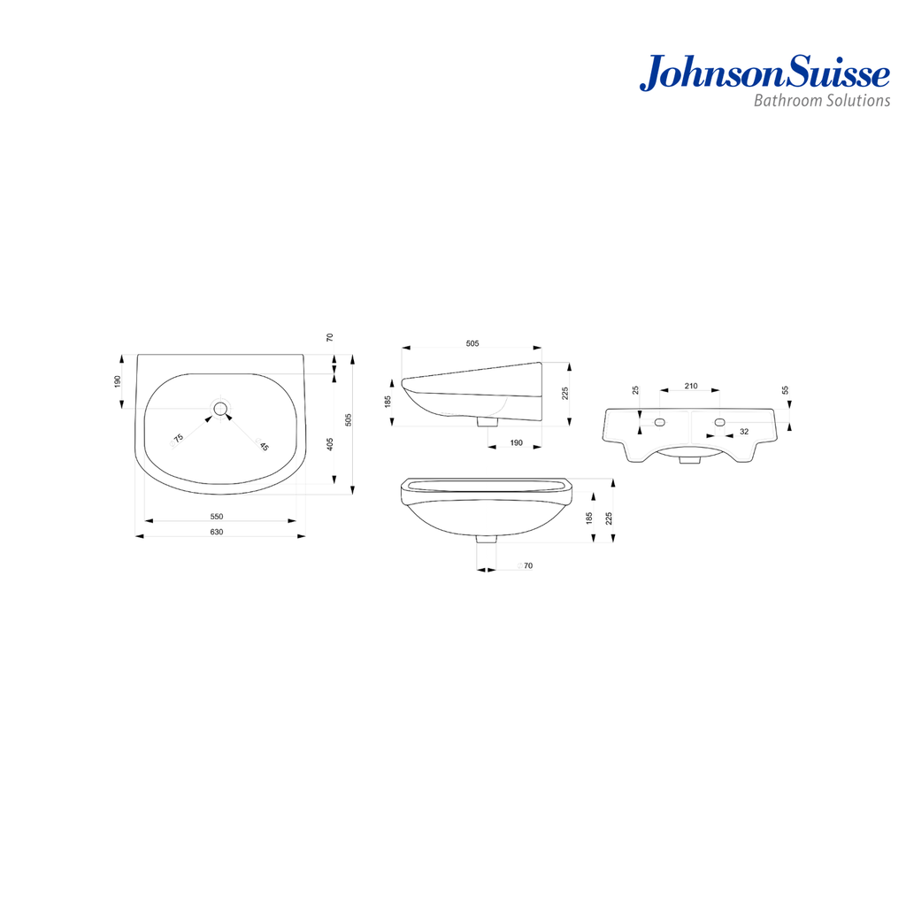 Johnson Suisse BOSTON N-630 630mm Square Wall Hung Clinical Basin | White