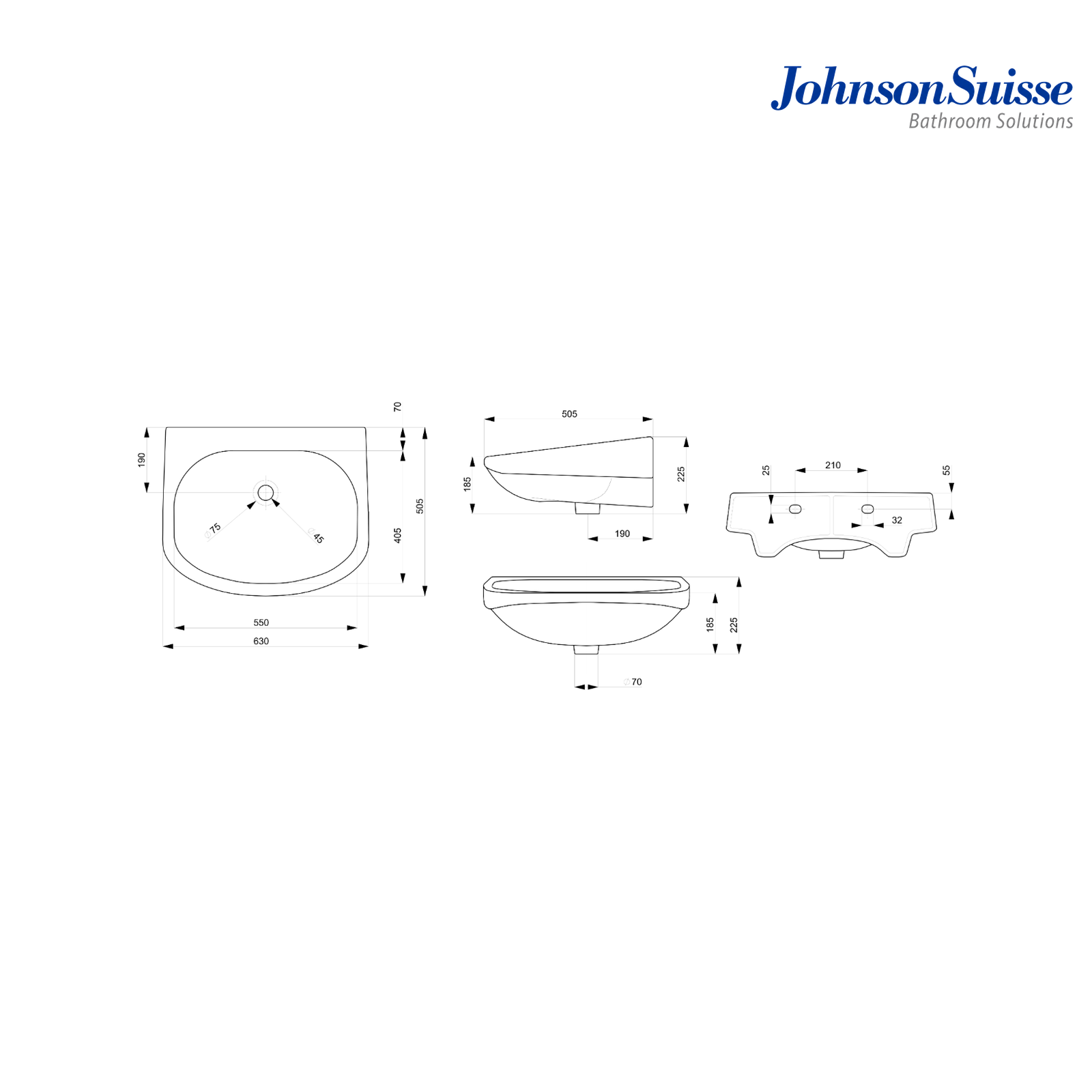Johnson Suisse BOSTON N-630 630mm Square Wall Hung Clinical Basin | White