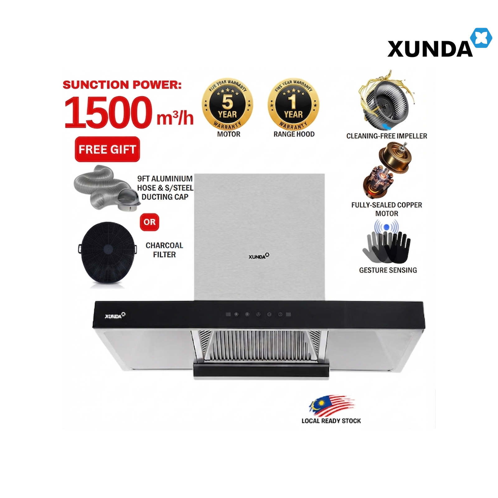 XUNDA CXW-218-WT2004 900mm Kitchen Hood Cooktops Hood and Hob | Silver