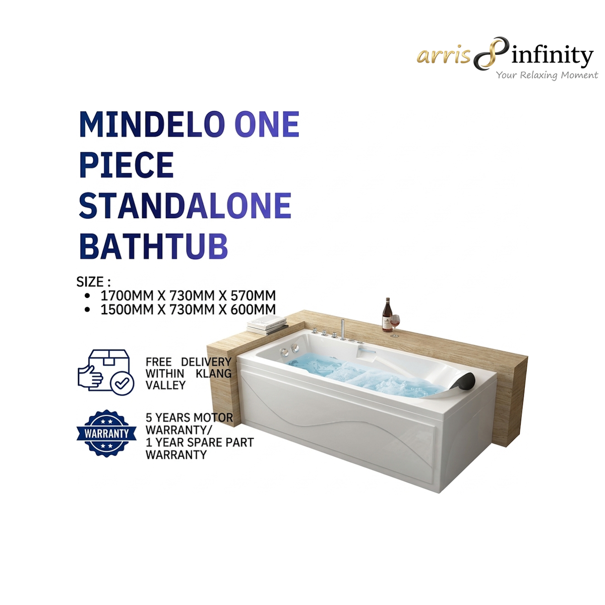 ARRIS INFINITY Mindelo 1700mm Rectangular Massage Bathtub Luxury Jacuzzi | White
