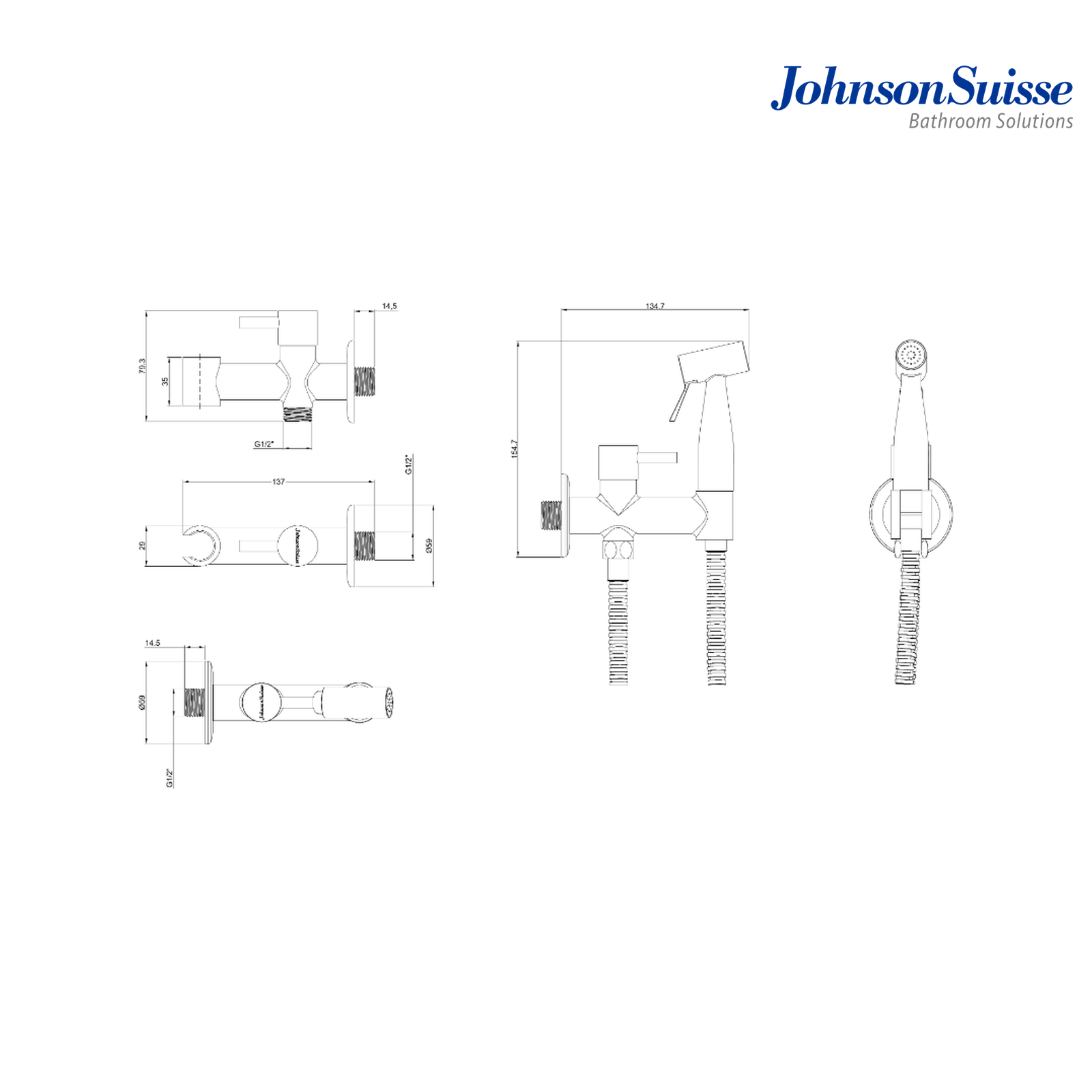 Johnson Suisse WBFA301562CP Hand Bidet Set with Angle Valve & 1.2m Stainless Steel Hose | Chrome
