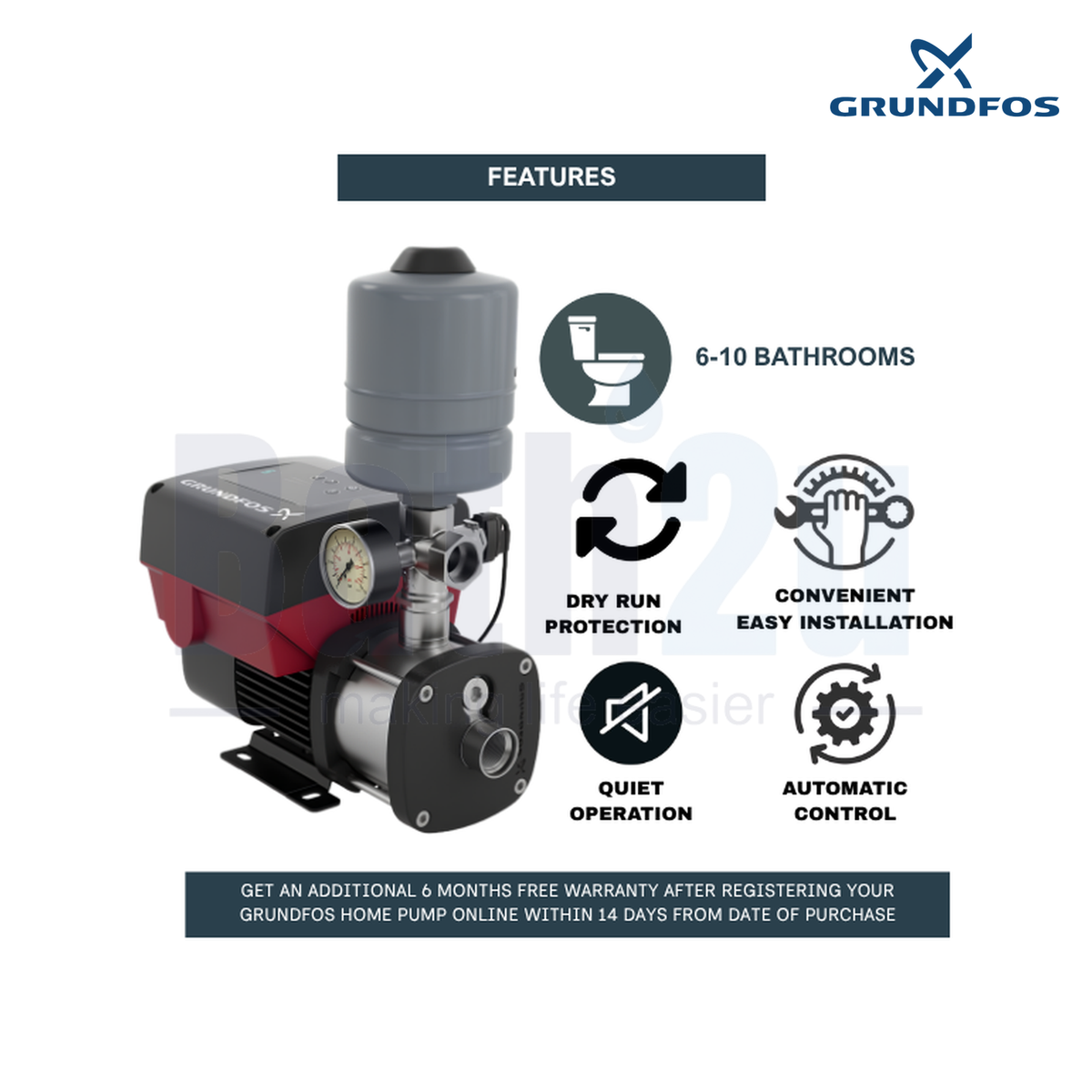 Grundfos CMBE10-54 1.5 kW 266 L/min Variable Speed Water Pressure Booster Pump | Stainless Steel