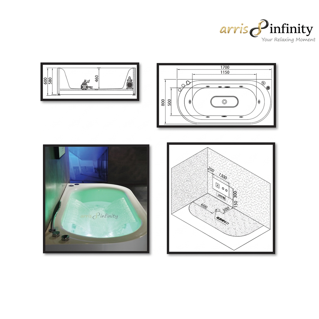 ARRIS INFINITY Correra 1700mm Rectangular Massage Bathtub Luxury Jacuzzi | White