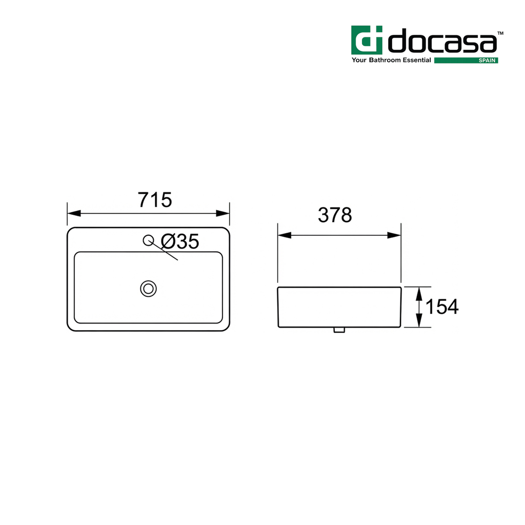 Docasa K402 715mm Ceramic Counter Top Wall Hung Basin | White Modern Wash Sink for Bathroom & Toilet