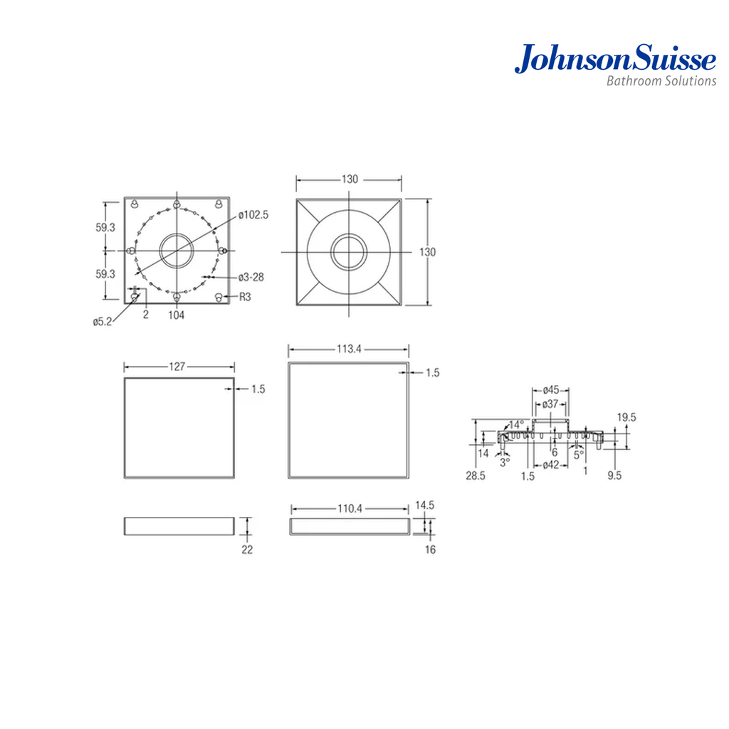 Johnson Suisse WBFT400654XX 130 x 130mm Ceramic Tile Drainage Floor Trap | Stainless Steel