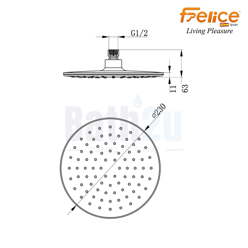 Felice FSR-4314GM-SET 450mm Round Concealed Rain Shower Head Assembly | Stainless Steel and ABS Gun Metal Finish