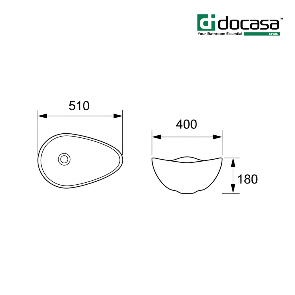 Docasa K554 510mm Ceramic Counter Top Basin | White Modern Wash Sink for Bathroom & Toilet
