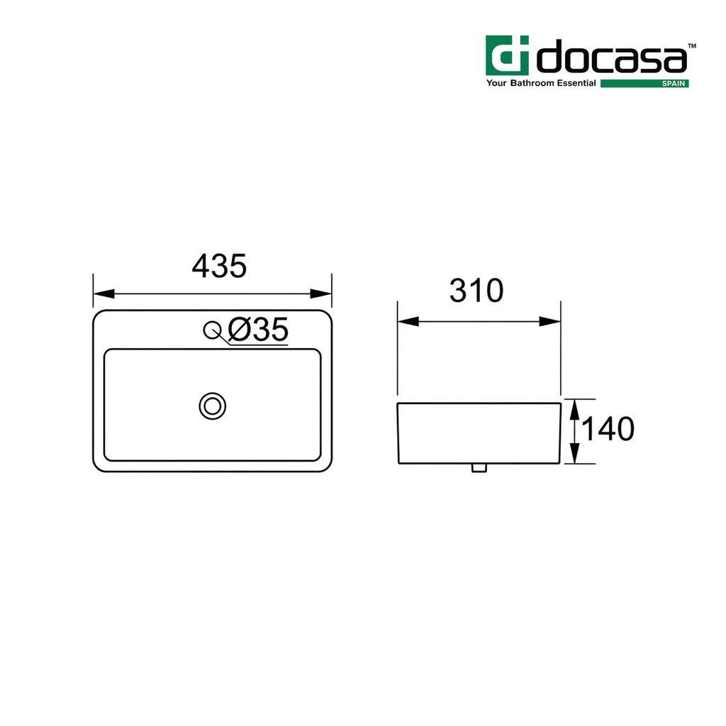 Docasa K235 435mm Ceramic Counter Top Basin | White Modern Wash Sink for Bathroom & Toilet