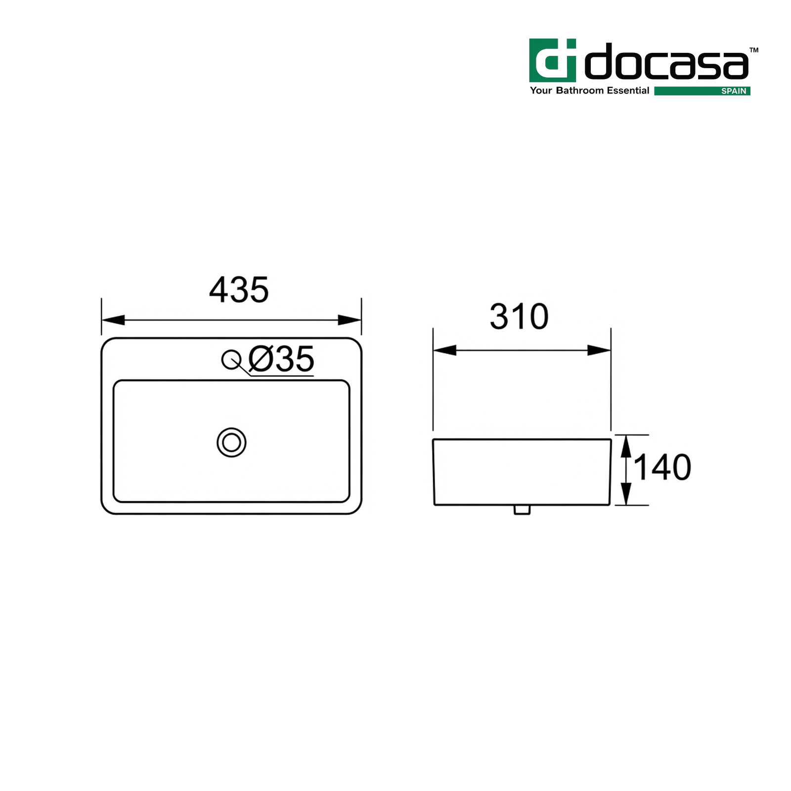 Docasa K235 435mm Ceramic Counter Top Basin | White Modern Wash Sink for Bathroom & Toilet