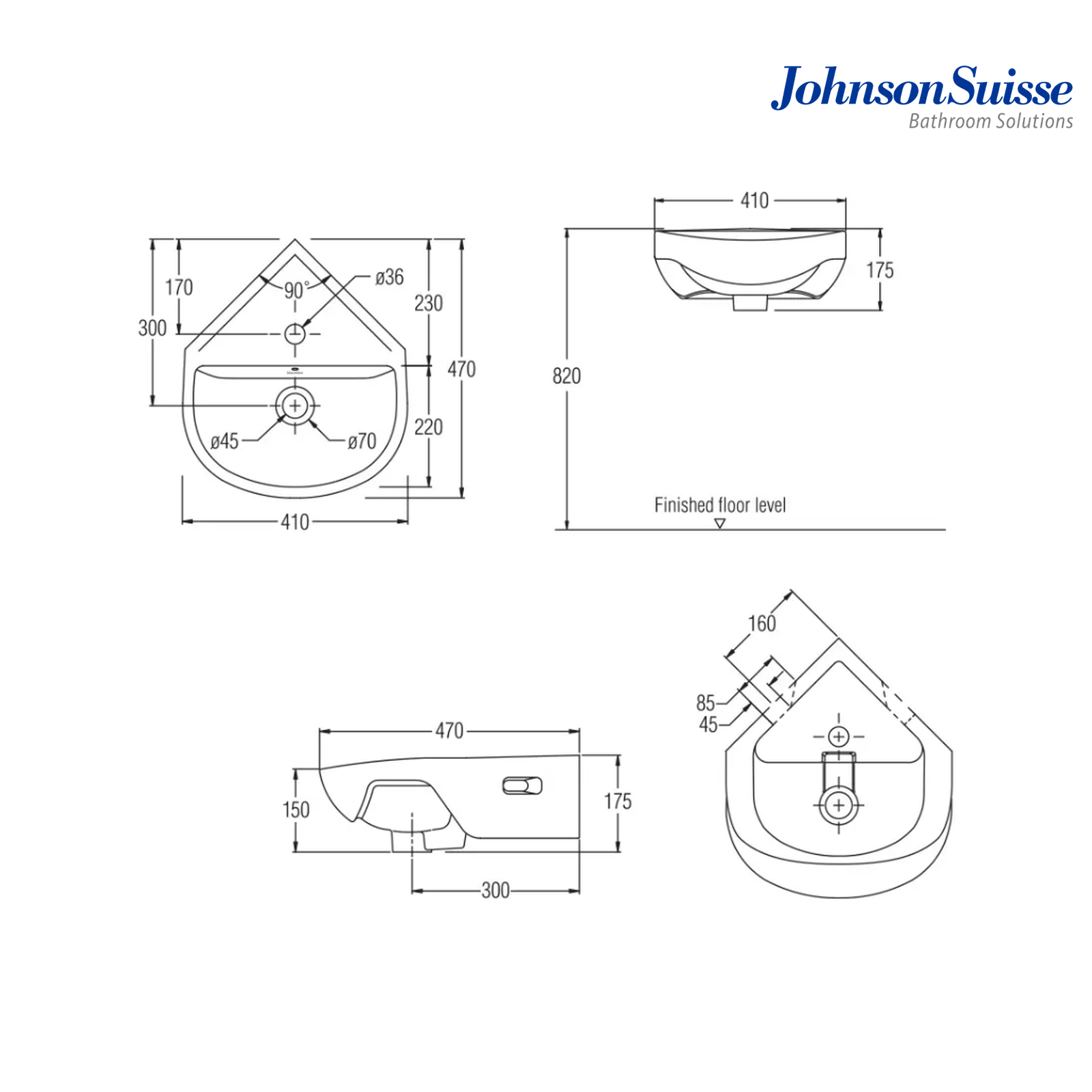 Johnson Suisse Windsor Corner WBSAWC100WW 470mm Corner Wall Hung Ceramic Basin | White