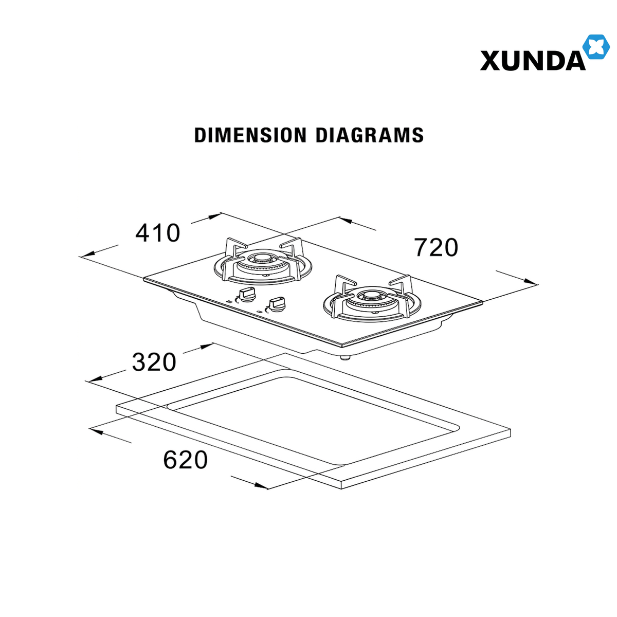 XUNDA 2-NB8303B Built-In 2 Sealed Burners Gas Hob | Black Toughened Glass