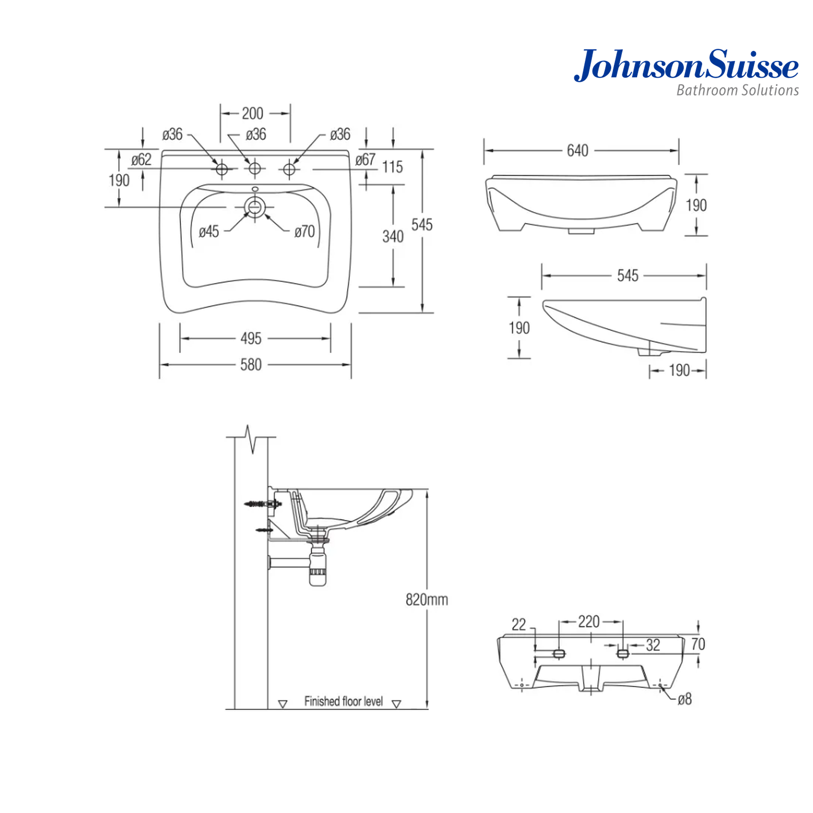 Johnson Suisse Handicap WBSAHC000WW 640mm Square Wall Hung Basin | White
