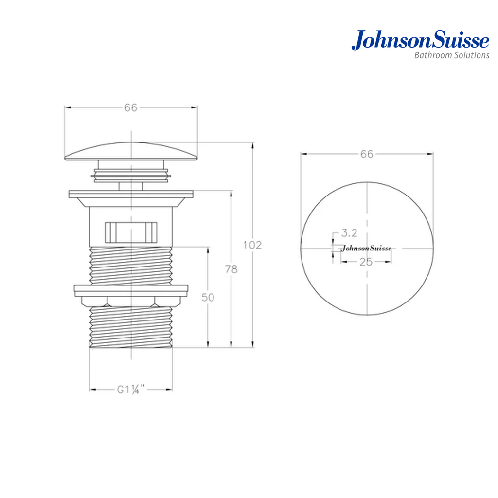 Johnson Suisse WBFT402070CP Brass Push Up Pop Up Waste CW Overflow | Chrome