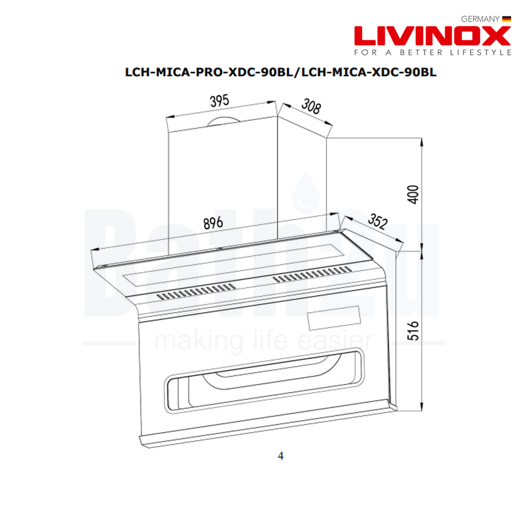Livinox LCH-MICA XDC-90BL 90 cm L Shape Cooker Hood | Black Coated Stainless Steel & Tempered Glass Finishing