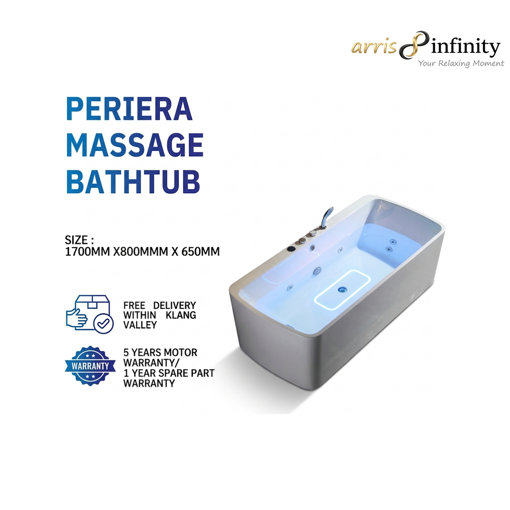 ARRIS INFINITY PERIERA 1700mm Rectangular Massage Bathtub Luxury Jacuzzi | White