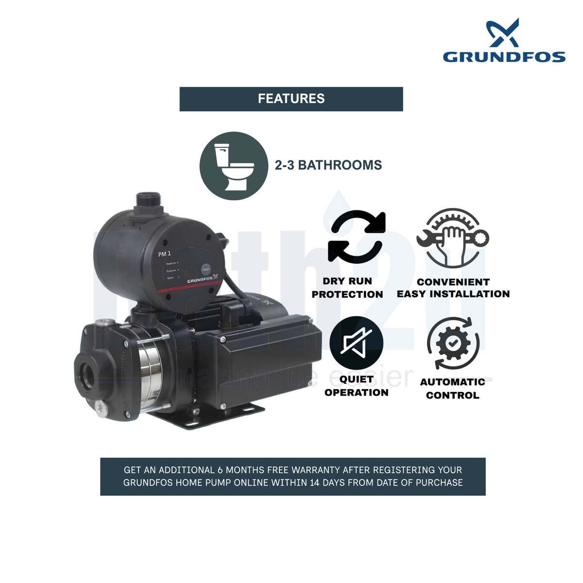 Grundfos CMB3-46PM1 3100L/h 0.67hp Automatic Home Pressure Booster Water Pump | PM1 Pressure Manager