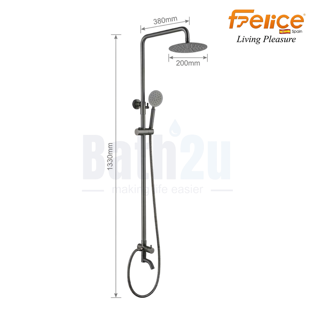 Felice FS-8154/GM 200mm Round 3-Way Exposed Shower Set | Gun Metal Grey