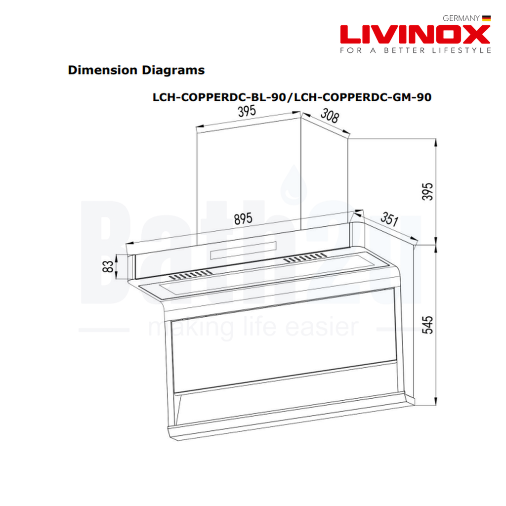 Livinox LCH-MICA XDC-90BL 90 cm L Shape Cooker Hood | Black Coated Stainless Steel & Tempered Glass Finishing