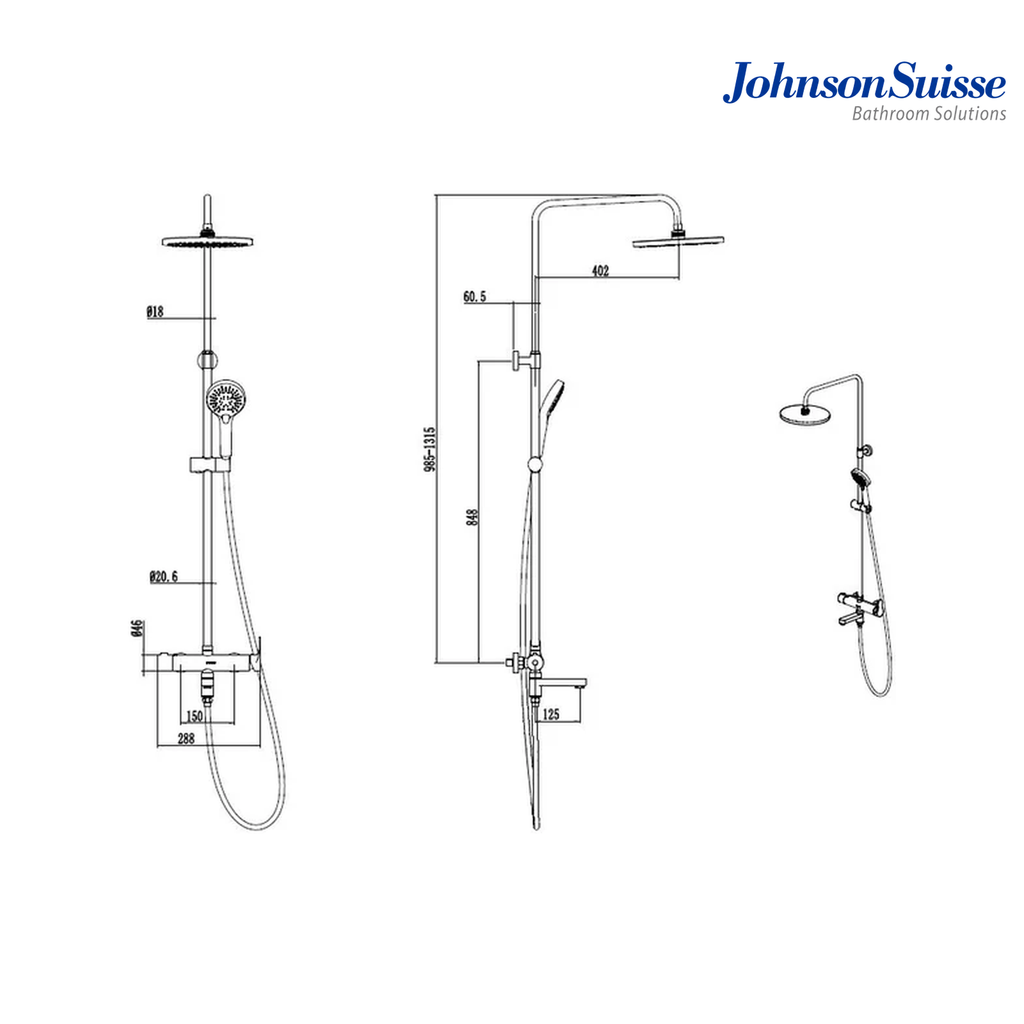 Johnson Suisse Gavi-N WBFA301567CP 3-Way Single Lever Wall-Mounted Round Shower Mixer Column | Chrome