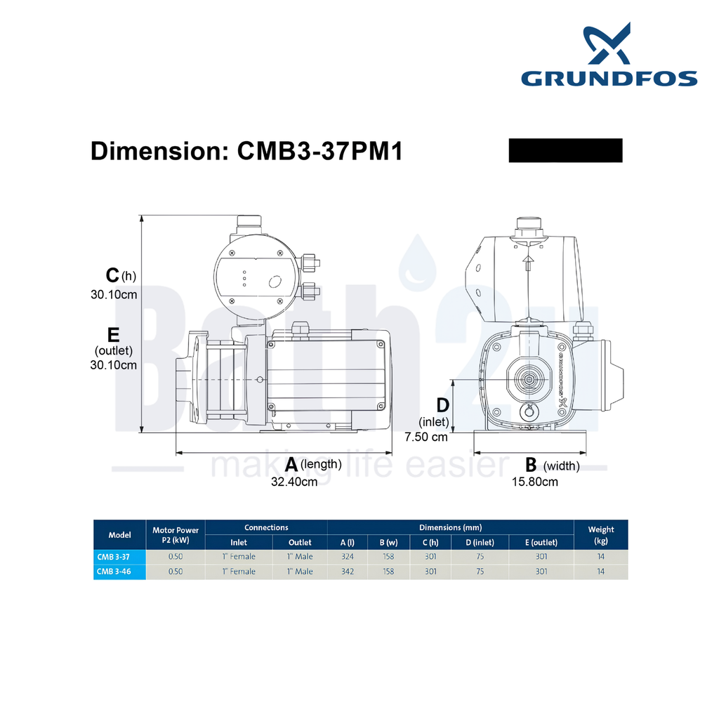 Grundfos CMB3-37PM1 0.67HP Automatic Pressure Manager Water Booster Pump | Cast Iron Housing and Stainless Steel Impellers