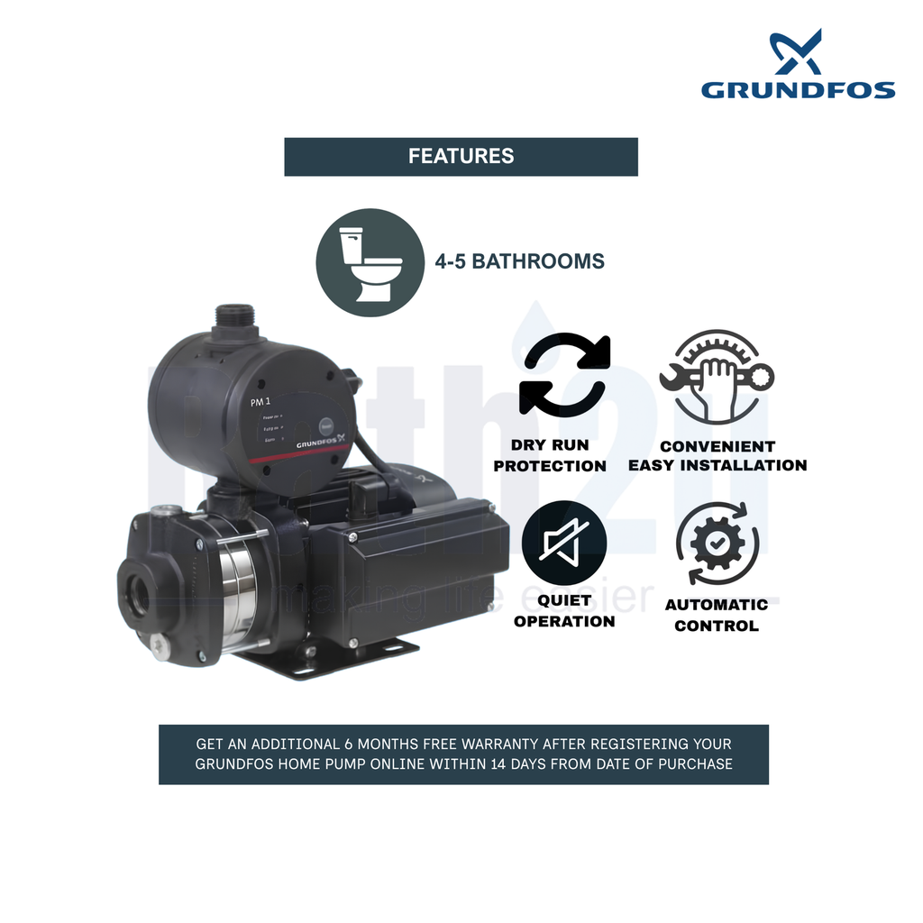 Grundfos CMB5-37 PM1 1.0HP 0.67kW Automatic PM1 Pressure Manager Multistage Home Water Pressure Booster Pump | Stainless Steel Key Components