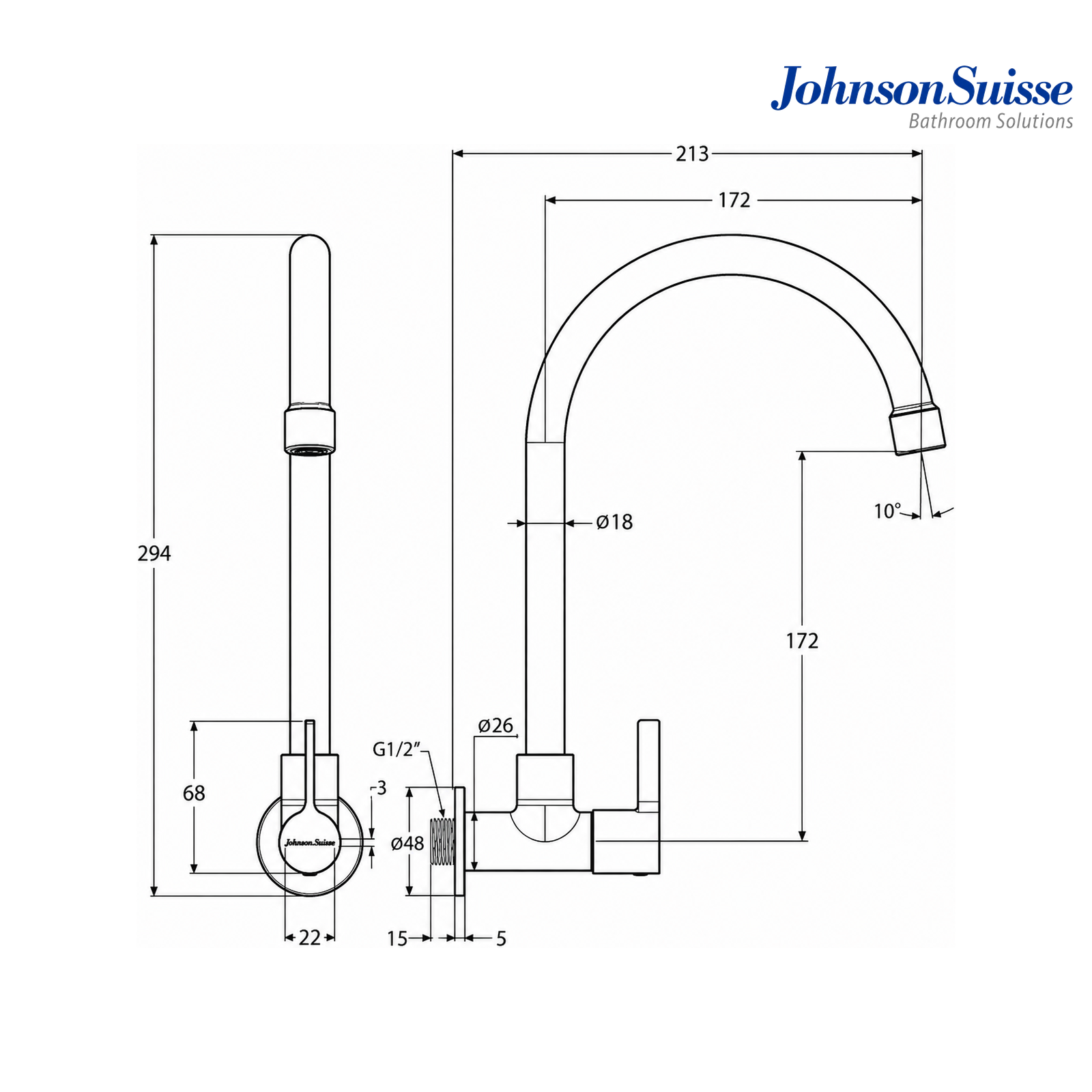 Johnson Suisse Lira Wall Mounted Kitchen Sink Tap | WBFA301673CP | Chrome
