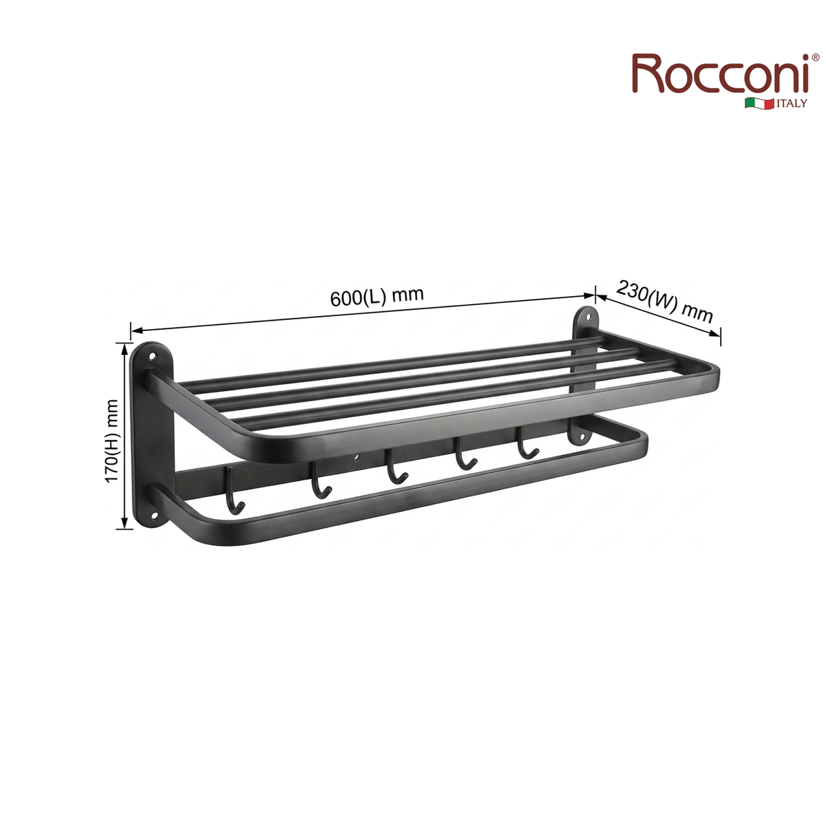 Rocconi RCN-4760GM 600mm Stainless Steel Foldable Towel Rail Bar | Gun Metal