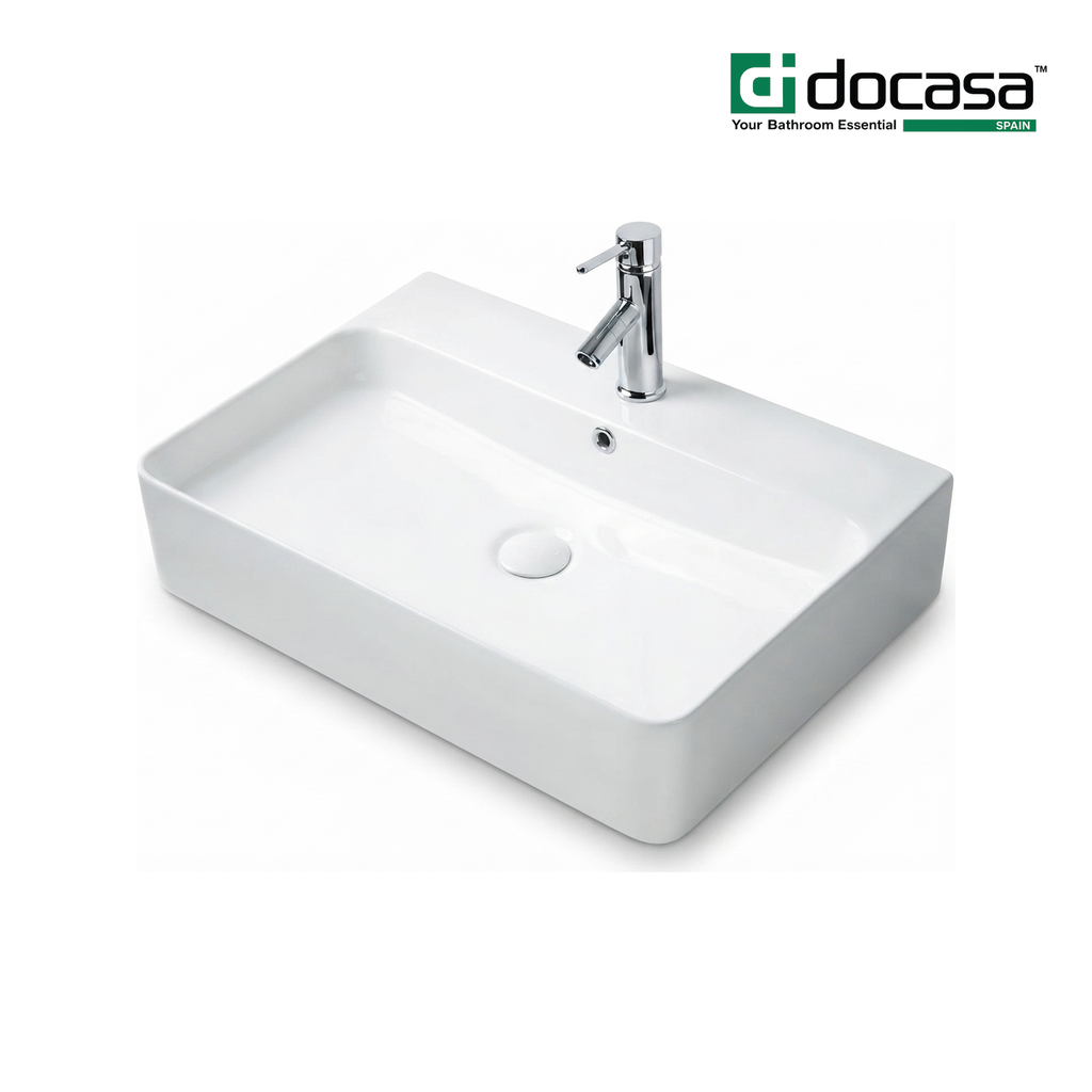 Docasa K404 605mm Ceramic Counter Top Wall Hung Basin | White Modern Wash Sink for Bathroom & Toilet