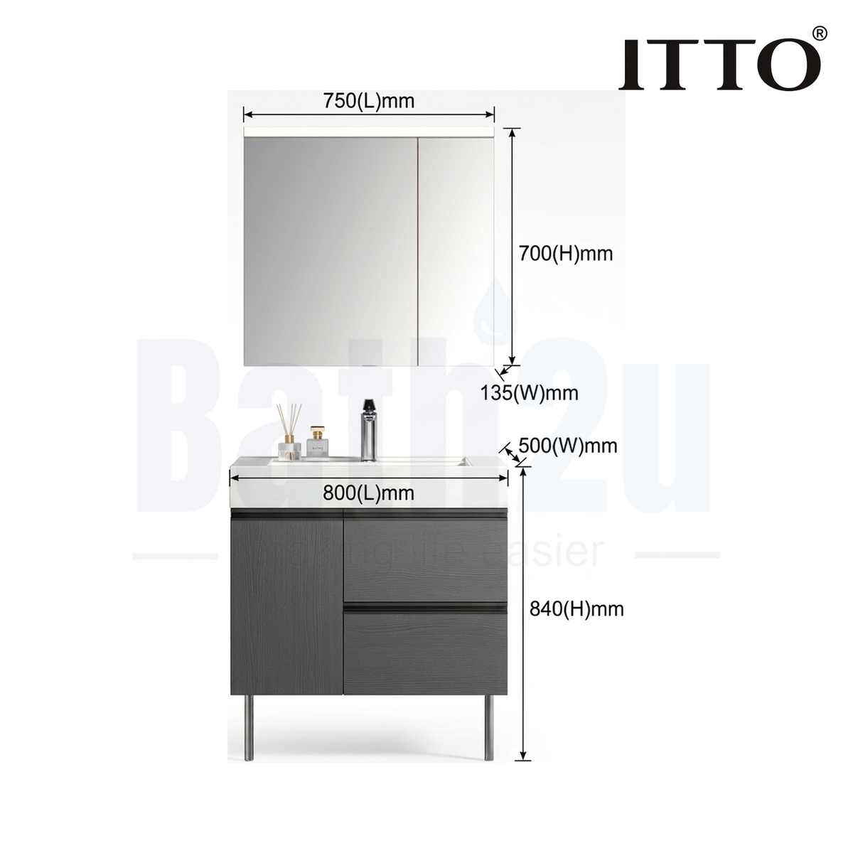 ITTO IT-3321LED 800mm Floor-Standing Basin Cabinet | Gray SPC Material