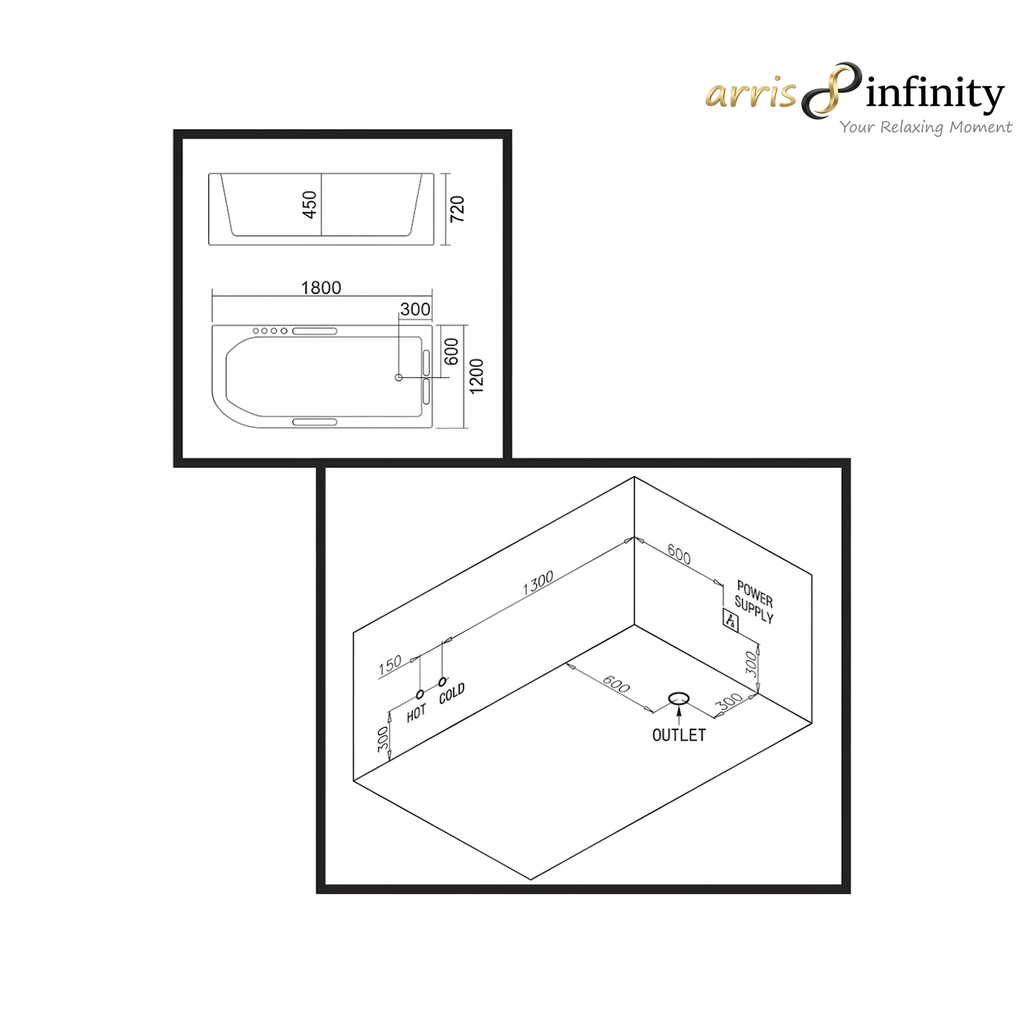 ARRIS INFINITY Catania 1800mm Rectangular Massage Bathtub Luxury Jacuzzi | White