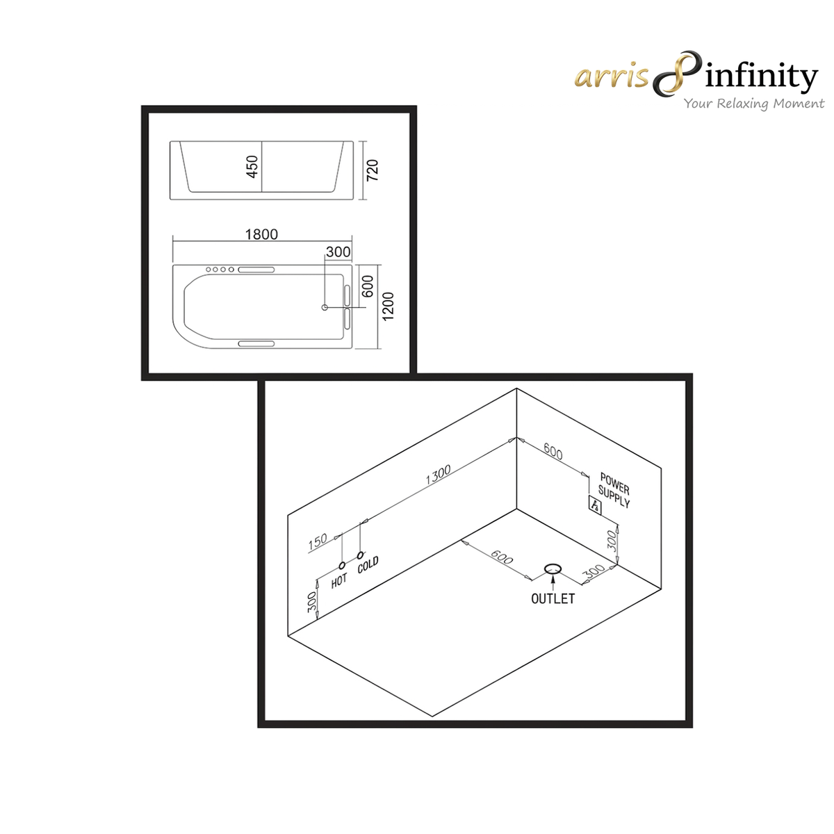 ARRIS INFINITY Catania 1800mm Rectangular Massage Bathtub Luxury Jacuzzi | White