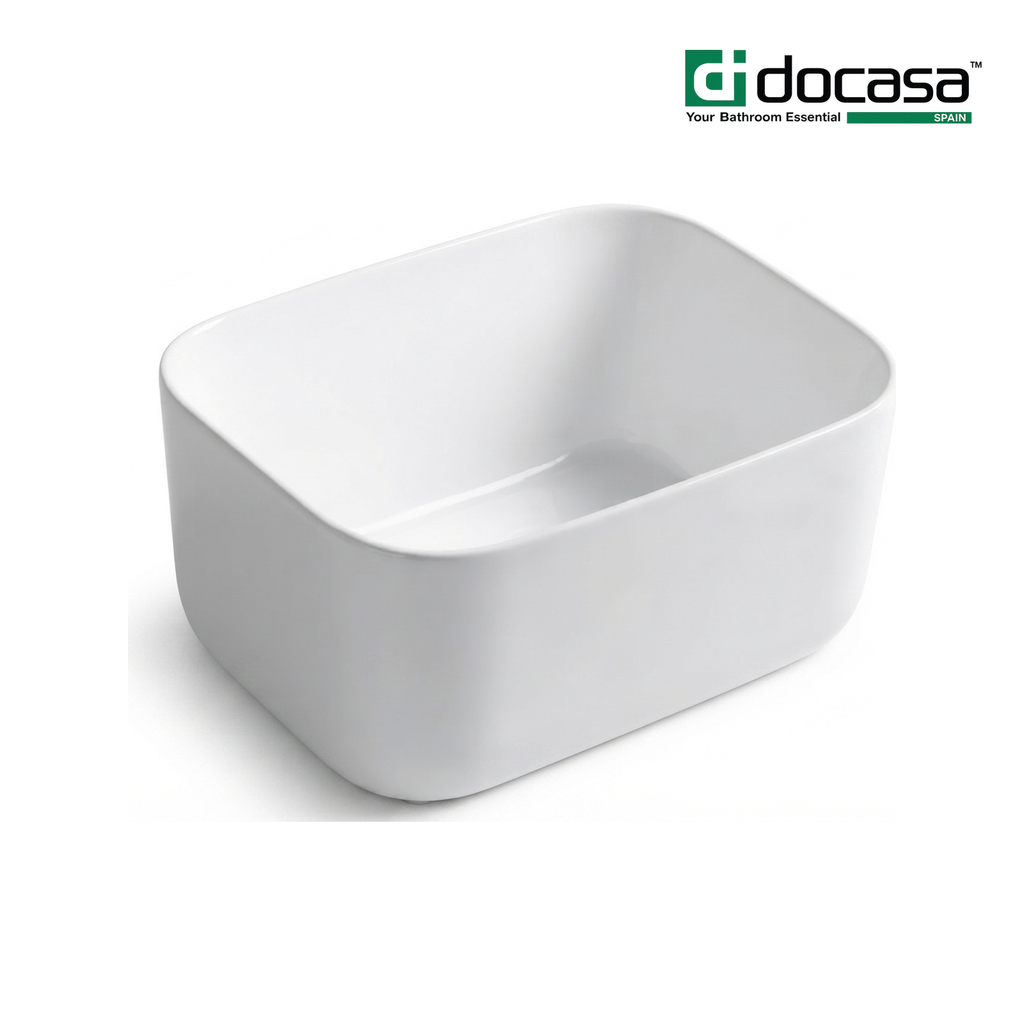 Docasa K549B 465mm Ceramic Counter Top Basin | White Modern Wash Sink for Bathroom & Toilet